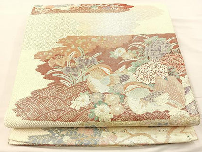 平和屋着物◎佐賀錦 六通柄袋帯 霞取遊鴛鴦花文 金糸 正絹 逸品 BAAM2191if