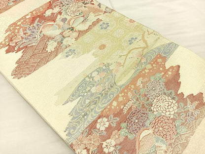 平和屋着物◎佐賀錦 六通柄袋帯 霞取遊鴛鴦花文 金糸 正絹 逸品 BAAM2191if