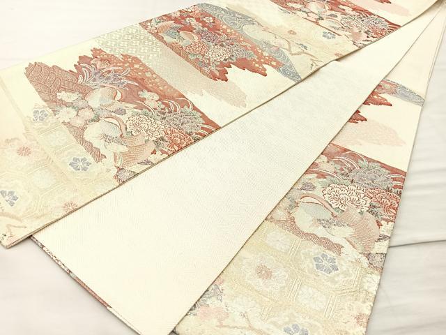 平和屋着物◎佐賀錦 六通柄袋帯 霞取遊鴛鴦花文 金糸 正絹 逸品 BAAM2191if