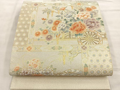 平和屋着物◎太鼓柄袋帯 格天井花車文 金糸 正絹 逸品 BAAM2594ea