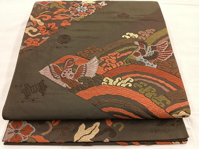 平和屋着物◎六通柄袋帯 唐織 鴛鴦草花文 正絹 逸品 BAAM2607ea