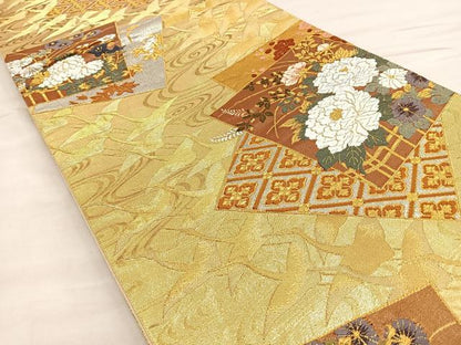 平和屋着物●六通柄袋帯 唐織 色紙重ね群鶴花文 正絹 逸品 BAAM2654ea