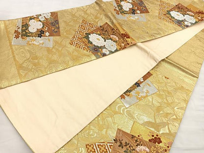 平和屋着物●六通柄袋帯 唐織 色紙重ね群鶴花文 正絹 逸品 BAAM2654ea