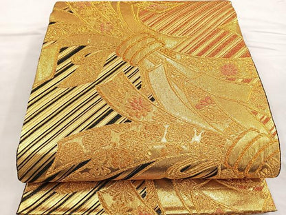 平和屋着物●佐賀錦 六通柄袋帯 束ね熨斗花文 金糸 正絹 逸品 BAAM2724ea