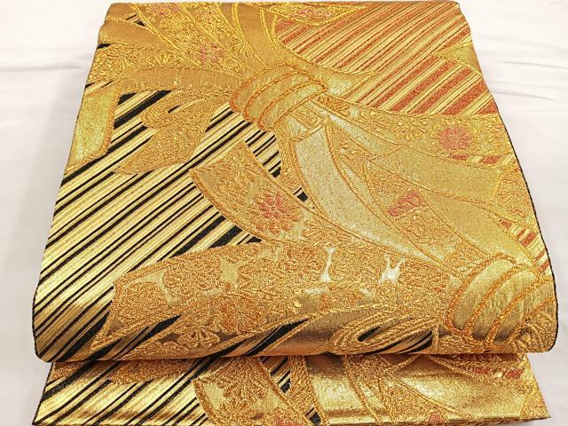 平和屋着物●佐賀錦 六通柄袋帯 束ね熨斗花文 金糸 正絹 逸品 BAAM2724ea