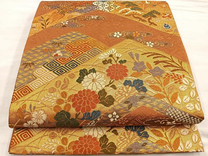 平和屋着物●六通柄袋帯 唐織 秋草花鳥文 金糸 正絹 逸品 BAAM2747ea
