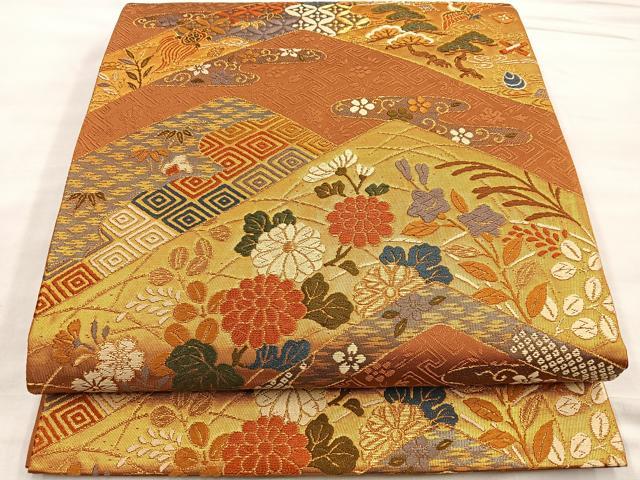平和屋着物●六通柄袋帯 唐織 秋草花鳥文 金糸 正絹 逸品 BAAM2747ea