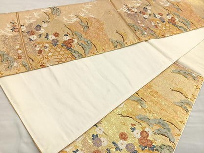 平和屋着物●六通柄袋帯 唐織 舞鶴籬花文 金糸 正絹 逸品 BAAM2750ea