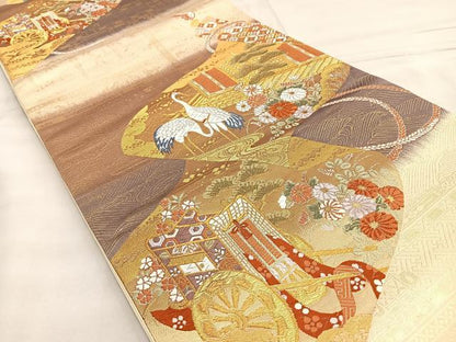 平和屋着物●六通柄袋帯 唐織 延喜絵巻流文 金糸 正絹 逸品 BAAM2758ea