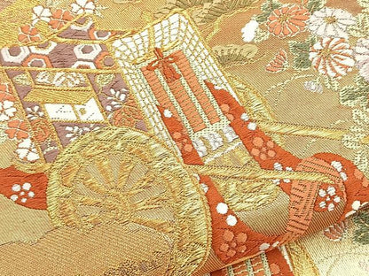 平和屋着物●六通柄袋帯 唐織 延喜絵巻流文 金糸 正絹 逸品 BAAM2758ea
