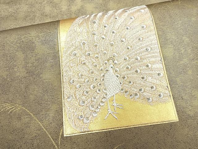 平和屋着物◎太鼓柄袋帯 刺繍 孔雀 金彩 正絹 逸品 BAAM3301cm