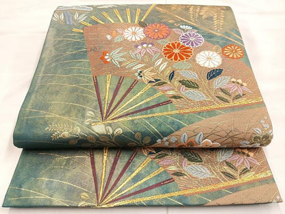平和屋着物◎六通柄袋帯 唐織 華扇蒔絵文 金糸 正絹 逸品 BAAM3419cm