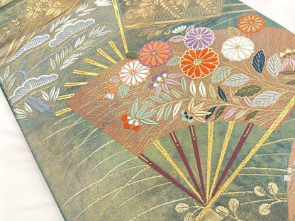 平和屋着物◎六通柄袋帯 唐織 華扇蒔絵文 金糸 正絹 逸品 BAAM3419cm