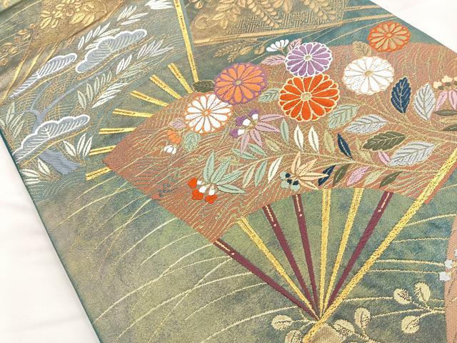 平和屋着物◎六通柄袋帯 唐織 華扇蒔絵文 金糸 正絹 逸品 BAAM3419cm