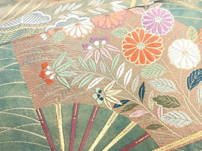 平和屋着物◎六通柄袋帯 唐織 華扇蒔絵文 金糸 正絹 逸品 BAAM3419cm