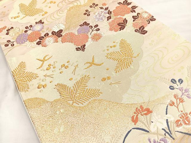 平和屋着物◎六通柄袋帯 唐織 光悦錦 花鳥文 金糸 正絹 逸品 BAAM3426cm