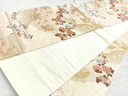 平和屋着物◎六通柄袋帯 唐織 光悦錦 花鳥文 金糸 正絹 逸品 BAAM3426cm