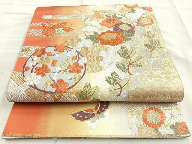 平和屋着物◎六通柄袋帯　唐織　花丸文　金銀糸　正絹　逸品　BAAM3429cm