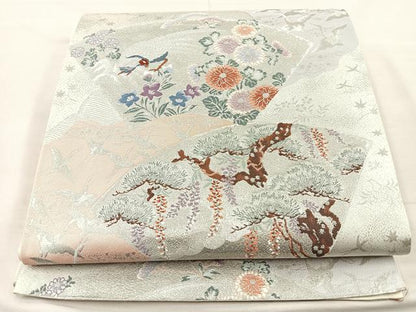 平和屋着物◎六通柄袋帯 唐織 道長扇面群鶴文 プラチナ箔 正絹 逸品 BAAM4807if