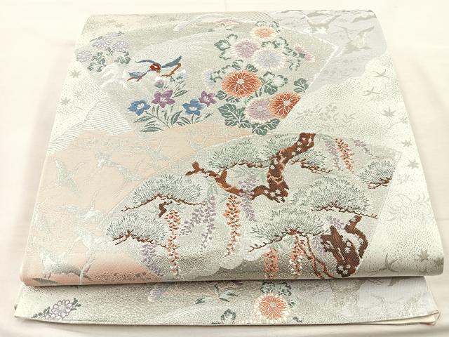 平和屋着物◎六通柄袋帯 唐織 道長扇面群鶴文 プラチナ箔 正絹 逸品 BAAM4807if