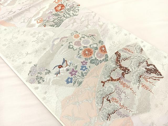 平和屋着物◎六通柄袋帯 唐織 道長扇面群鶴文 プラチナ箔 正絹 逸品 BAAM4807if