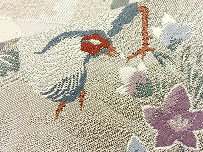 平和屋着物◎六通柄袋帯 唐織 道長扇面群鶴文 プラチナ箔 正絹 逸品 BAAM4807if