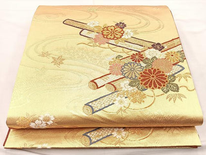 平和屋着物◎六通柄袋帯 唐織 花筏 金糸 正絹 逸品 BAAM4817if