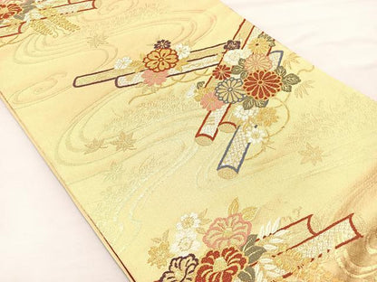 平和屋着物◎六通柄袋帯 唐織 花筏 金糸 正絹 逸品 BAAM4817if