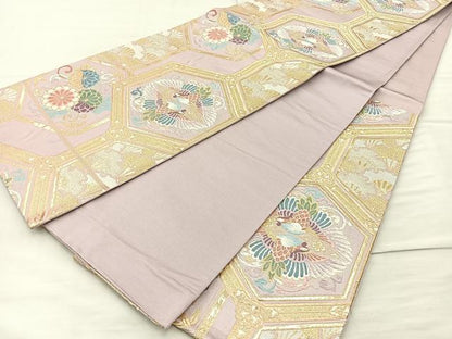 平和屋着物◎六通柄袋帯 唐織 向かい鳳凰亀甲花文 金糸 正絹 逸品 BAAM4822if