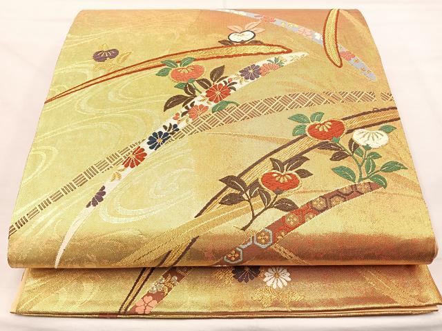 平和屋着物◎六通柄袋帯　唐織　橘草葉文　金糸　正絹　逸品　BAAM4840if