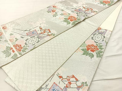 平和屋着物◎佐賀錦 六通柄袋帯 唐織 流水御所車 銀糸 正絹 逸品 BAAM4853if