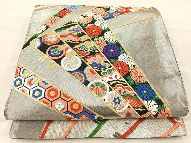 平和屋着物◎六通柄袋帯 唐織 桧扇花文 黒地 金銀糸 正絹 逸品 BAAM4854if