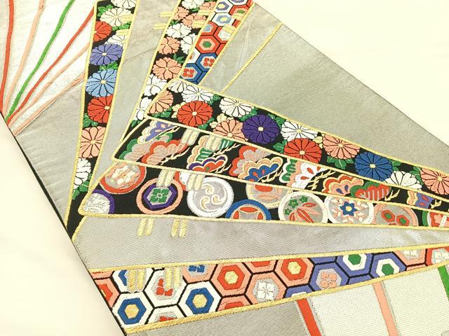 平和屋着物◎六通柄袋帯 唐織 桧扇花文 黒地 金銀糸 正絹 逸品 BAAM4854if