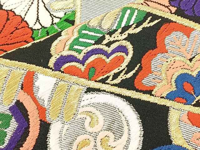 平和屋着物◎六通柄袋帯 唐織 桧扇花文 黒地 金銀糸 正絹 逸品 BAAM4854if