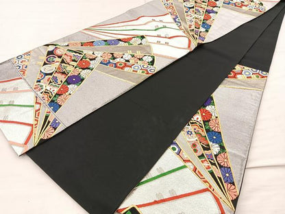 平和屋着物◎六通柄袋帯 唐織 桧扇花文 黒地 金銀糸 正絹 逸品 BAAM4854if