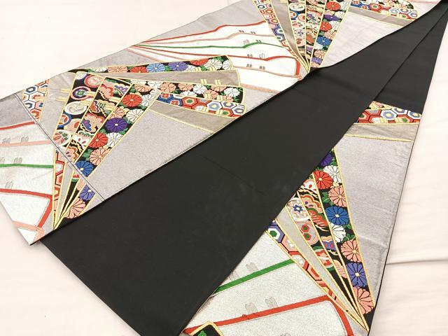平和屋着物◎六通柄袋帯 唐織 桧扇花文 黒地 金銀糸 正絹 逸品 BAAM4854if
