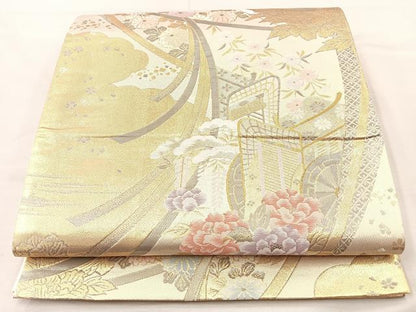 平和屋着物◎六通柄袋帯 几帳御所車花文 金糸 正絹 逸品 BAAM4857if