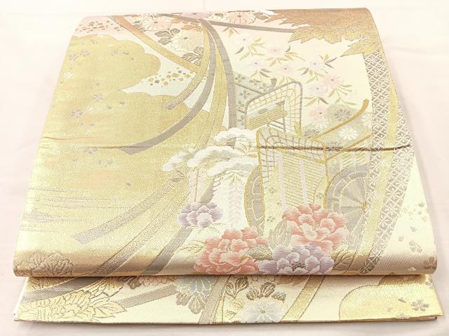 平和屋着物◎六通柄袋帯 几帳御所車花文 金糸 正絹 逸品 BAAM4857if