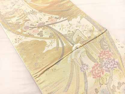 平和屋着物◎六通柄袋帯 几帳御所車花文 金糸 正絹 逸品 BAAM4857if