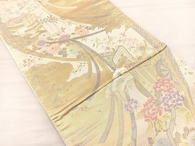 平和屋着物◎六通柄袋帯 几帳御所車花文 金糸 正絹 逸品 BAAM4857if