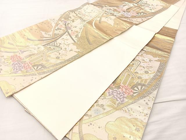 平和屋着物◎六通柄袋帯 几帳御所車花文 金糸 正絹 逸品 BAAM4857if
