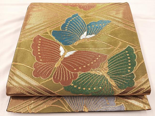 平和屋着物◎六通柄袋帯 唐織 舞蝶文 金糸 正絹 逸品 BAAM4858if