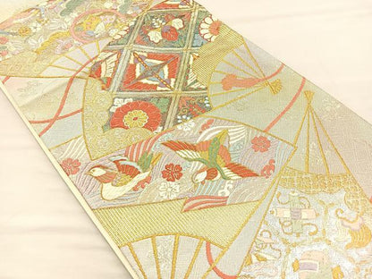平和屋着物◎西陣　野々村織物　六通柄袋帯　唐織　扇面鴛鴦花文　金銀糸　正絹　逸品　BAAM4873if