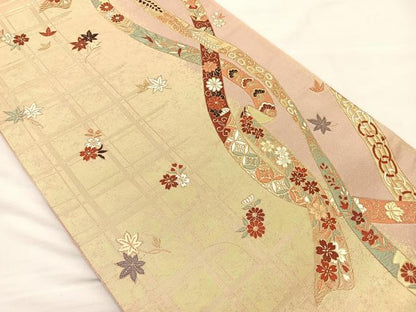 平和屋着物◎六通柄袋帯 唐織 鬘帯花文 金糸 正絹 逸品 BAAM5619if