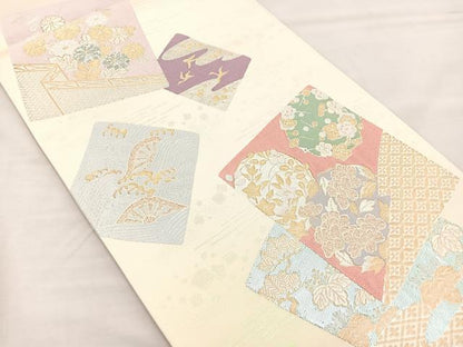 平和屋着物◎六通柄袋帯 唐織 蒔絵色紙散らし 銀糸 正絹 逸品 BAAM5632if