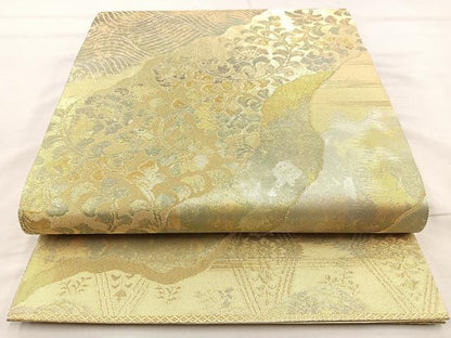 平和屋着物◎六通柄袋帯　道長草花文　金糸　正絹　逸品　BAAM6548cm