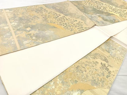 平和屋着物◎六通柄袋帯　道長草花文　金糸　正絹　逸品　BAAM6548cm