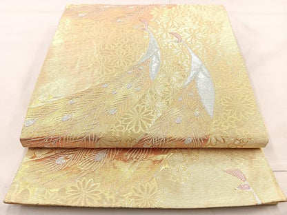 平和屋着物◎六通柄袋帯 孔雀花文 金銀糸 正絹 逸品 BAAM6550cm