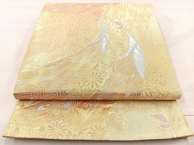 平和屋着物◎六通柄袋帯 孔雀花文 金銀糸 正絹 逸品 BAAM6550cm