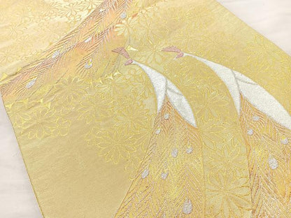 平和屋着物◎六通柄袋帯 孔雀花文 金銀糸 正絹 逸品 BAAM6550cm
